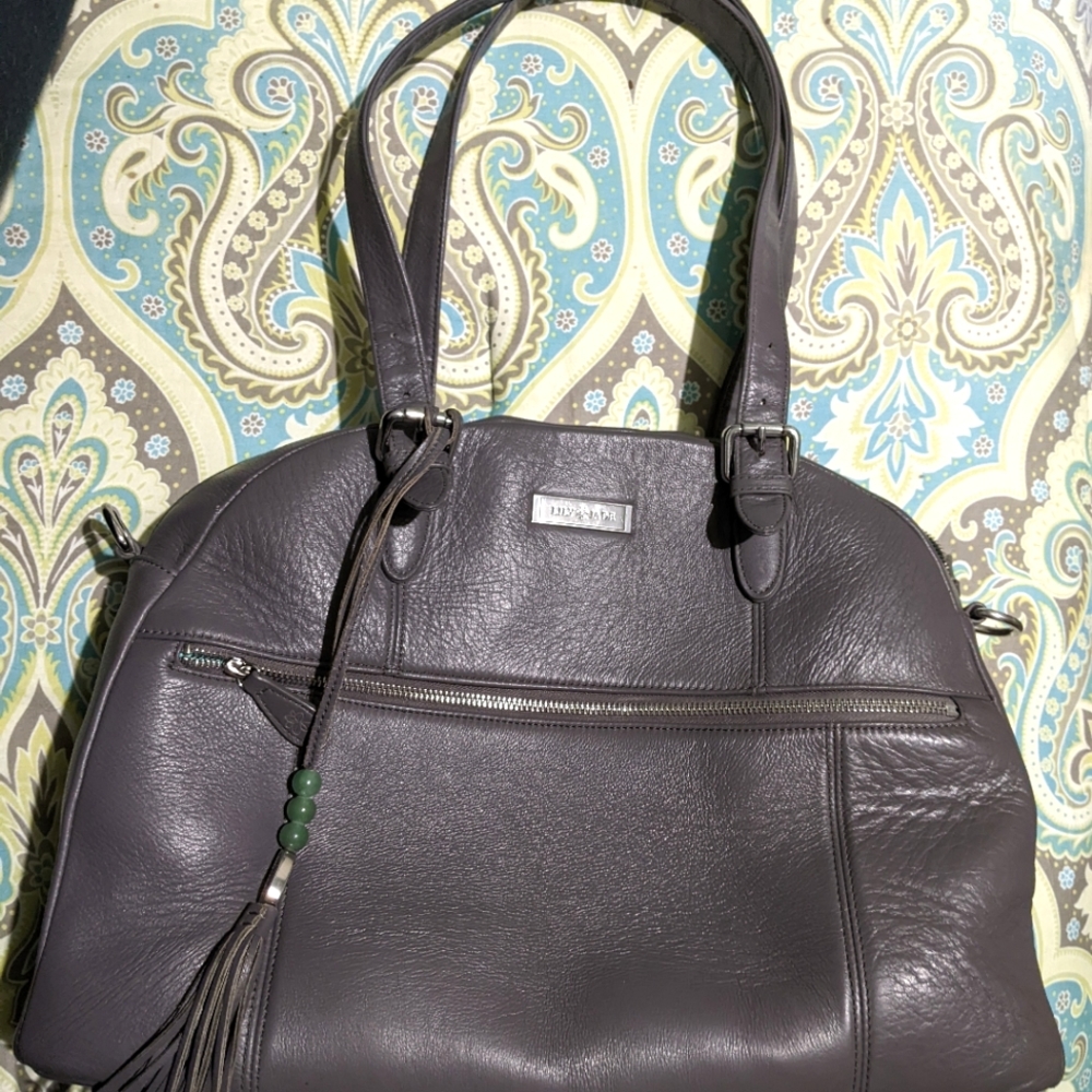 Lily Jade Rosie Diaper Bag in Gray Leather with Teal Lining